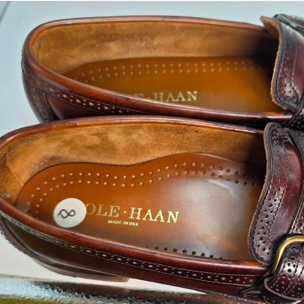 Cole Haan Mens Burgundy Leather Kiltie Monk Strap Wingtip Loafers Made in USA 8
